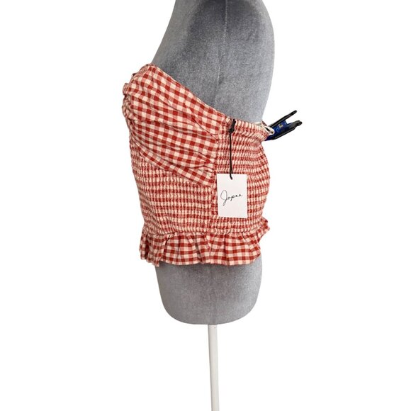 Red & White Gingham Smocked Strapless Top With Ruffle Hem Size L By Japna NWT - Picture 2 of 4